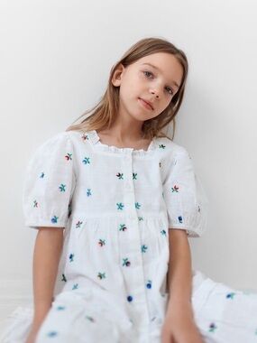 Zara White Cotton Floral-Embroidered Puff Sleeve Dress